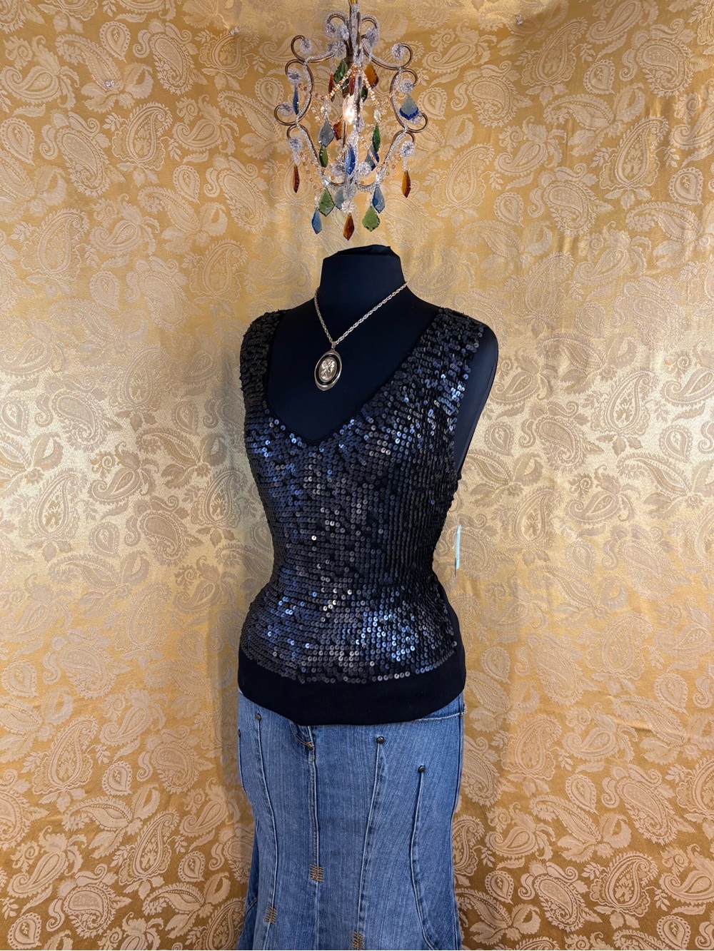 Black Sequin V-Neck Camisole Top